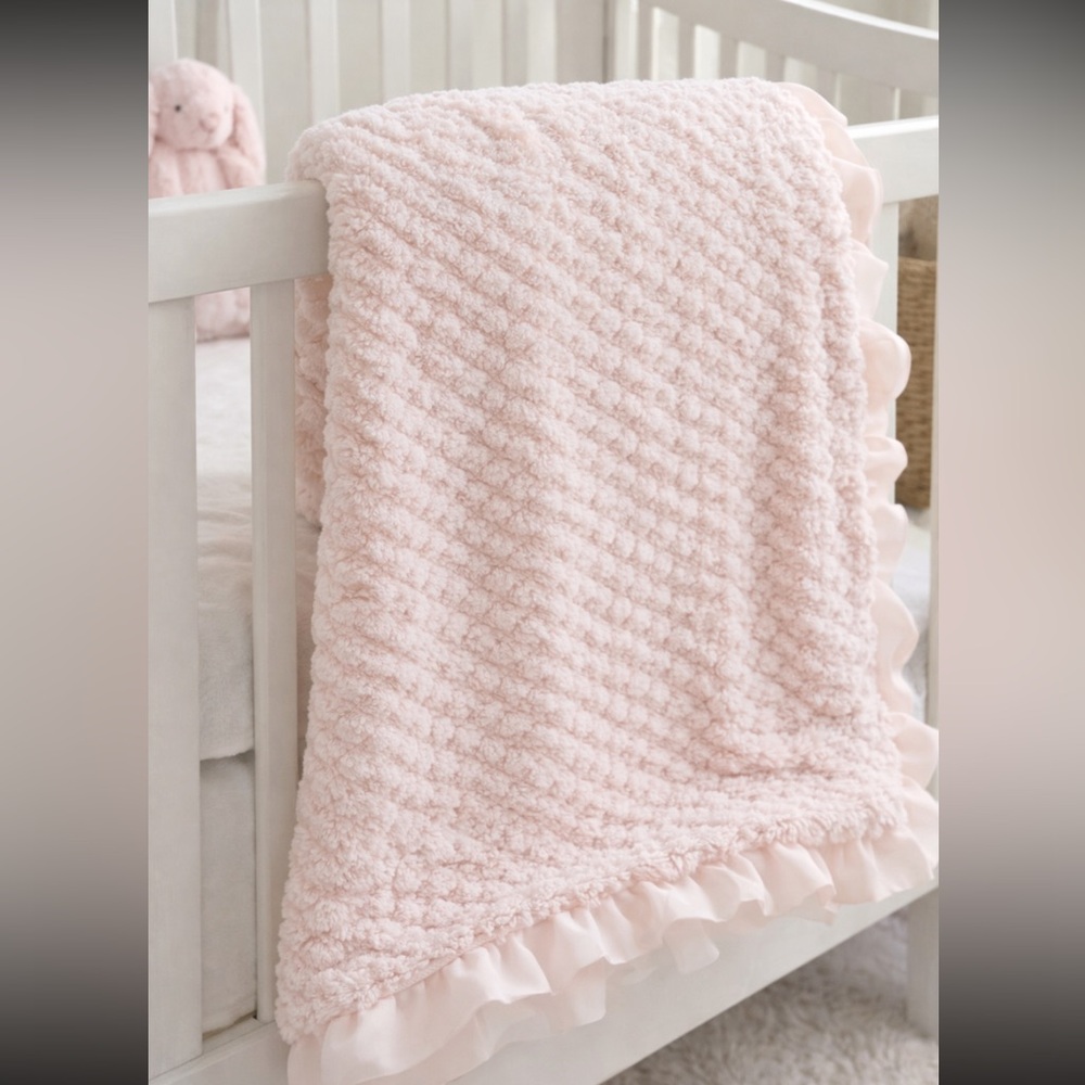 The Peanutshell Pastel Pink Minky Blanket. Chiffon Ruffle Trim. 33”x41” Nursery